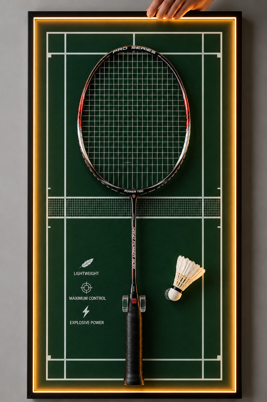 Racket-Frames display panel with green court design and glowing frame