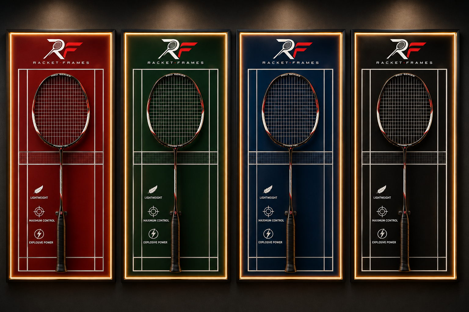 Racket-Frames court display frame with red court background and glowing amber edge, holding a badminton racket