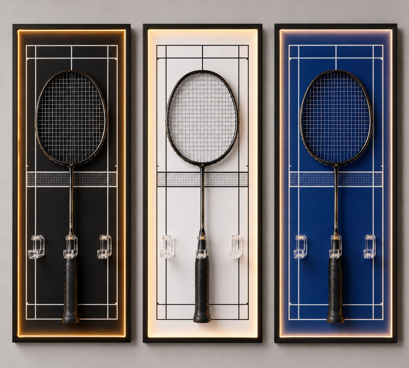 Three Racket-Frames colourways side by side — amber, ivory, and navy court panels each holding a badminton racket